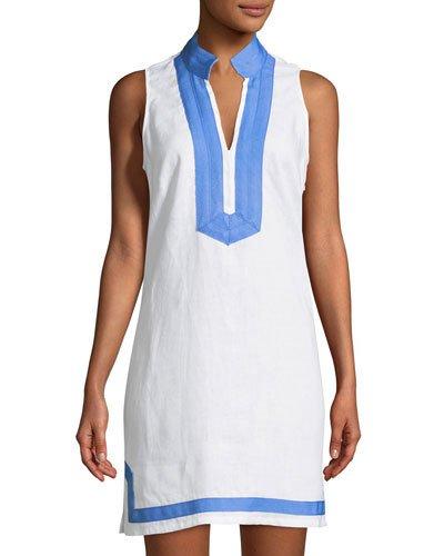 Sleeveless High-neck Tunic Dress, Blue/white