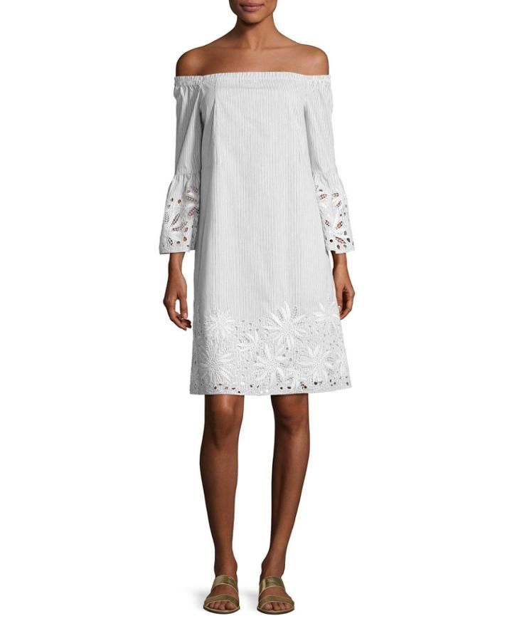 Off-the-shoulder Melange Striped Dress W/ Floral Cutouts