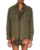 Button-down Long-sleeve Military Jacket W/ Plaid