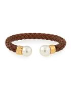 Braided Leather & Pearl Bangle Bracelet, White/brown