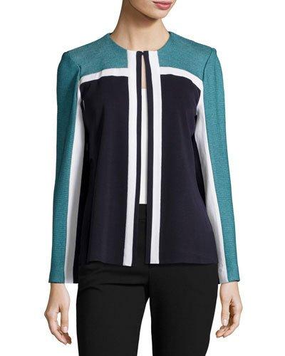 Colorblock Knit Jewel-neck Jacket, Teal/navy/ivory