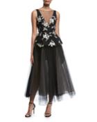 Sleeveless V-neck Embroidered Peplum Gown With Tulle