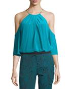 Halter Cold-shoulder Silk Top W/ Hardware