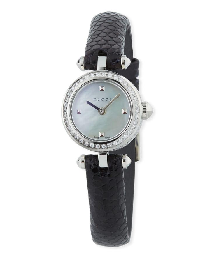 Diamantissimo 22mm Diamond Watch W/ Lizard Strap, Black/mother-of-pearl