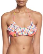 Floral-print Bikini Swim Top, Coral/navy