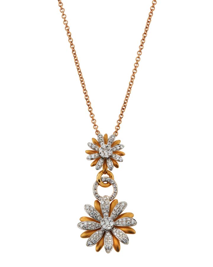 Two-tone 18k Gold Diamond Double-flower Pendant Necklace
