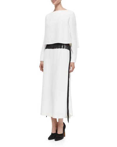 Long-sleeve Column Gown W/fringe Trim