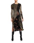 Long-sleeve Pleated Floral-print Dress