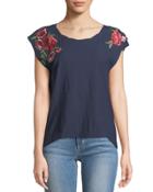 Floral-embroidered Cap-sleeve Tee