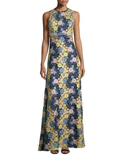 Sleeveless Floral Lace Gown, Navy/multicolor
