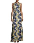 Sleeveless Floral Lace Gown, Navy/multicolor