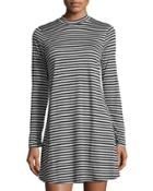 Mock-neck Striped Jersey Dress, Gray
