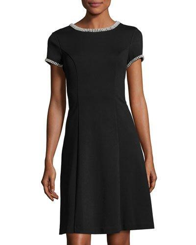 Bead-trim Fit & Flare Dress, Black
