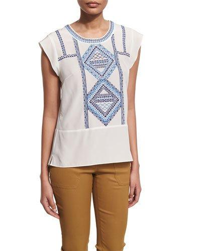 Baja Embroidered Silk Top, Cream