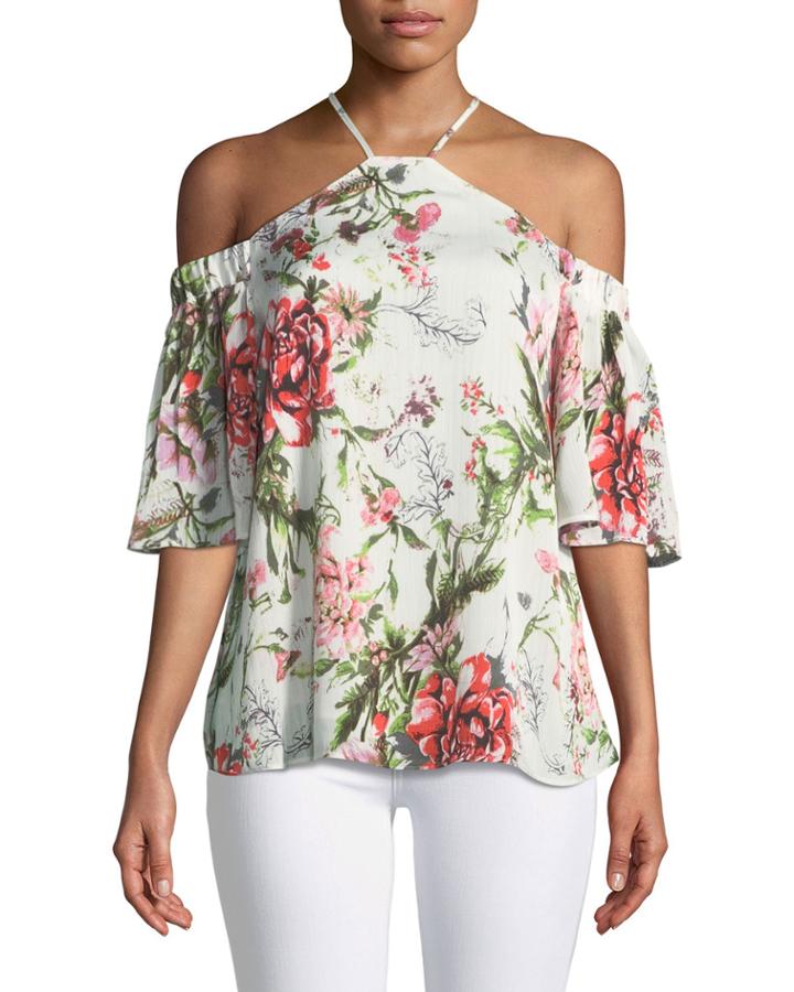 Halter-neck Cold-shoulder Floral Blouse