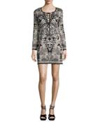 Lace-up Jacquard Long-sleeve Dress, Black/white