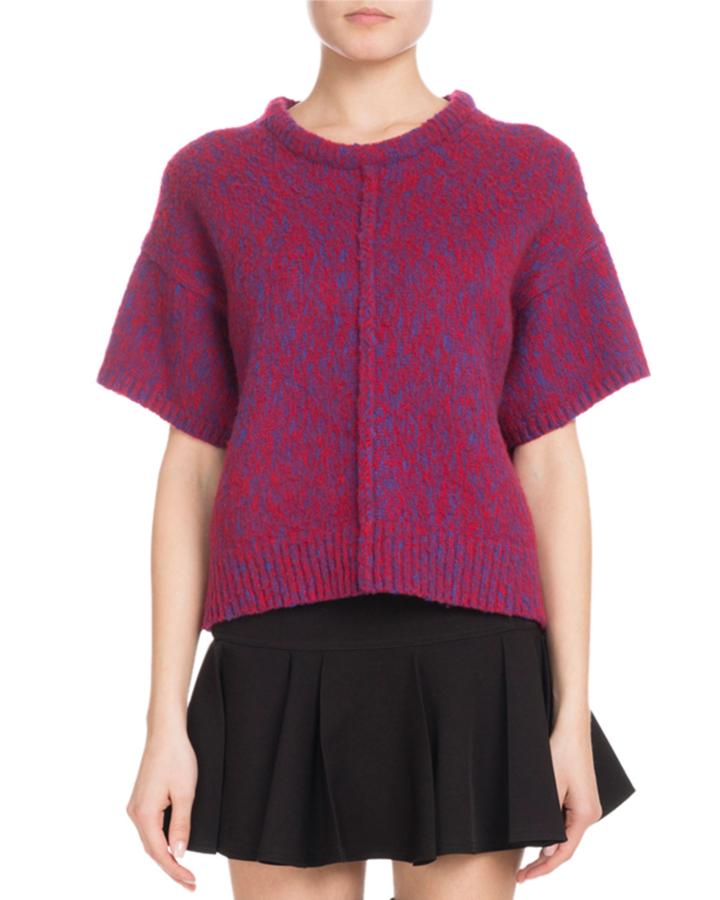 Short-sleeve Marled Brushed Bicolor Wool-cashmere