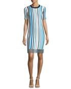 Vertical Striped Short-sleeve Dress With Fringe