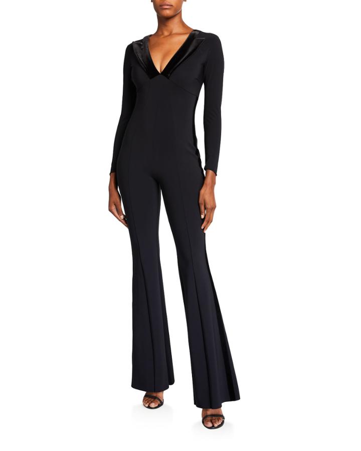 Velvet Collar Long-sleeve Flare-leg Tux Jumpsuit