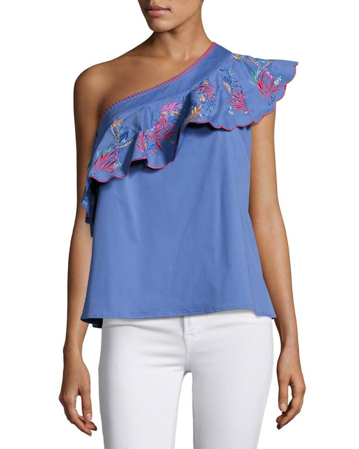 Esme One-shoulder Embroidered Top, Blue