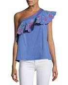 Esme One-shoulder Embroidered Top, Blue