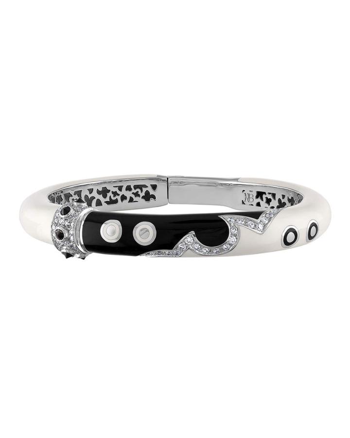 18k White Gold Colorblock Enamel Bangle W/ Diamonds, White/black
