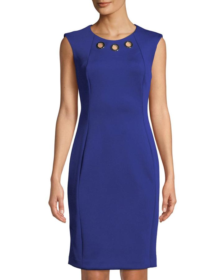 Sleeveless Sheath Dress With Gold Detailing At Neck