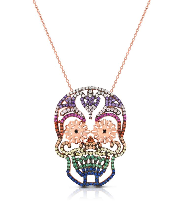 Fiesta Skull Pendant Necklace, Rose/multi