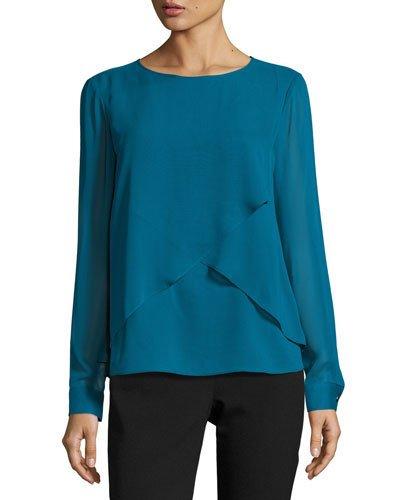 Long-sleeve Chiffon-overlay Top, Blue