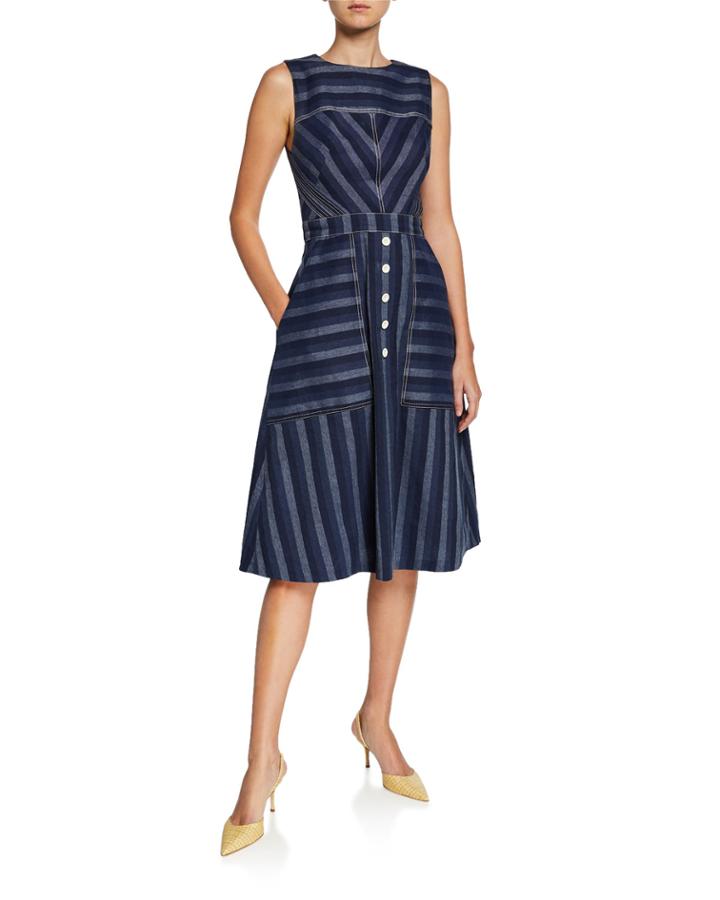 Striped Button-detail Fit-and-flare Dress