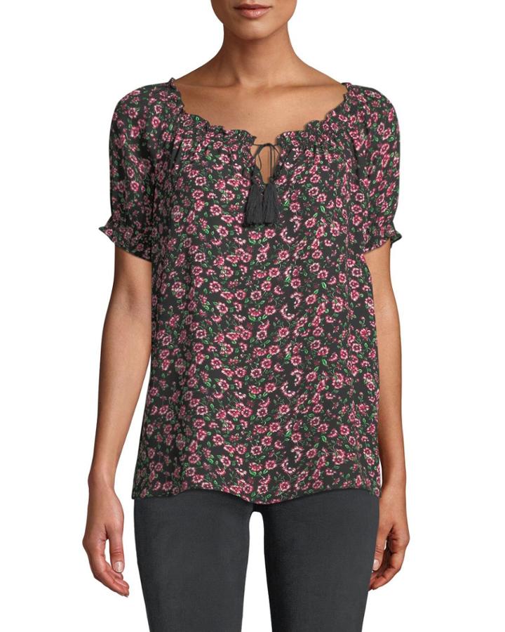 Smocked Scoop-neck Floral Chiffon Blouse