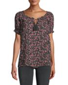 Smocked Scoop-neck Floral Chiffon Blouse