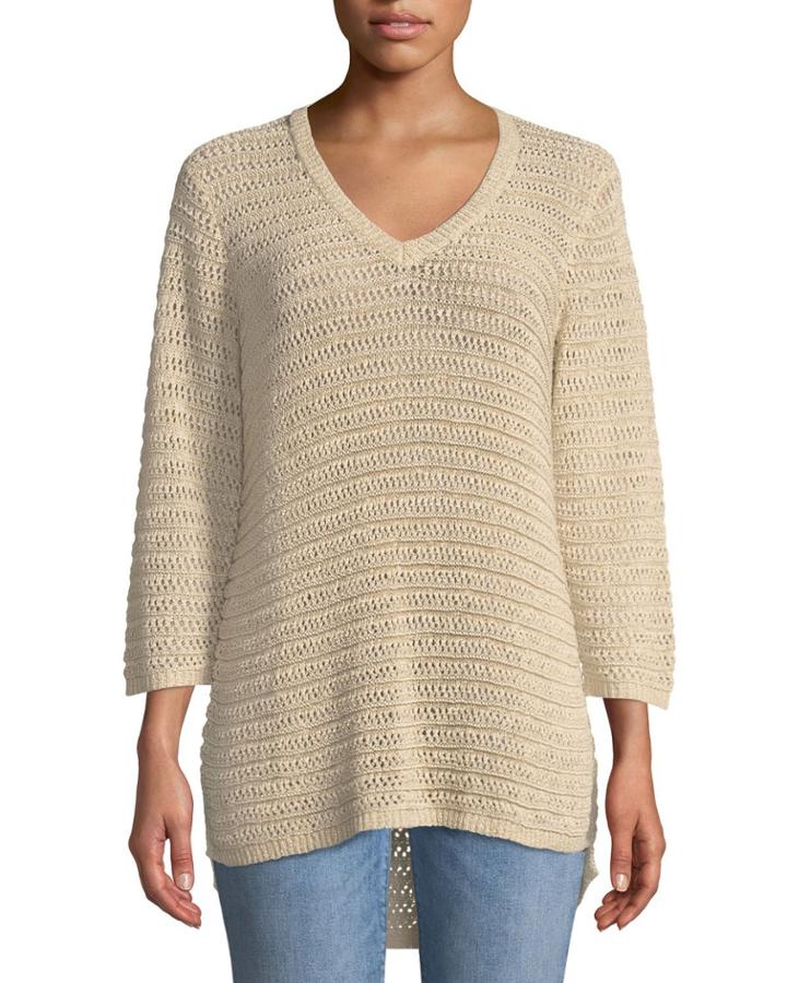 3/4-sleeve Textured High-low
