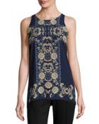 Floral-print Trapeze Top, Navy/green