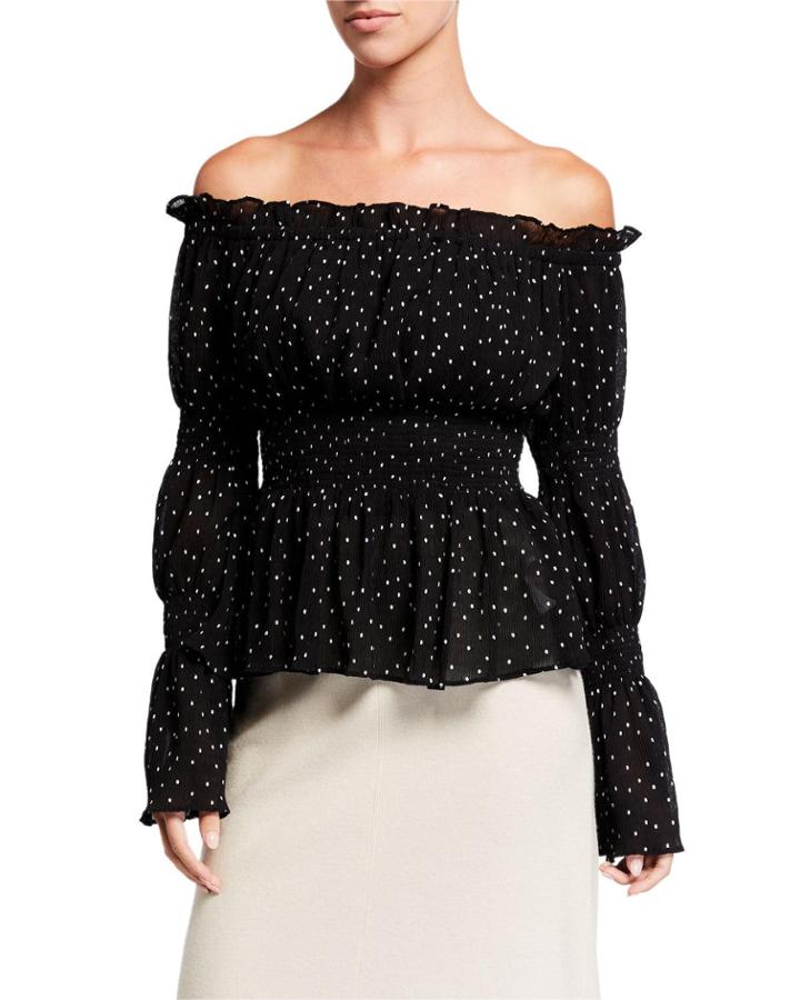 Off-the-shoulder Polka Dot Smocked