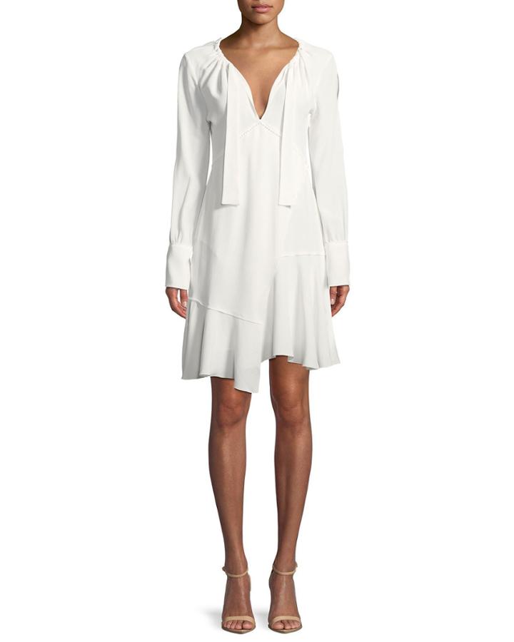 Long-sleeve Tie-neck Asymmetric A-line Dress