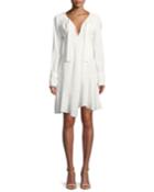 Long-sleeve Tie-neck Asymmetric A-line Dress