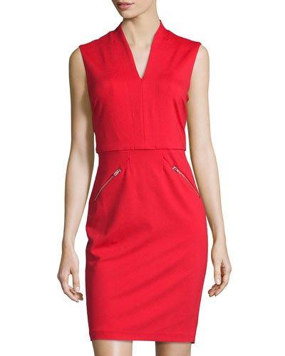 Sleeveless Zip-trim Sheath Dress, Bright Red