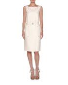 Cabochon-trim Sleeveless Dress, White