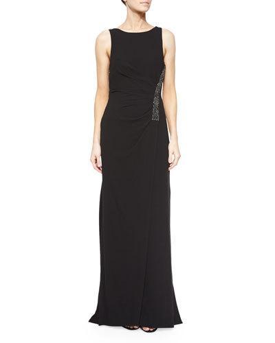 Ruched Sleeveless Gown W/ Rhinestones, Black