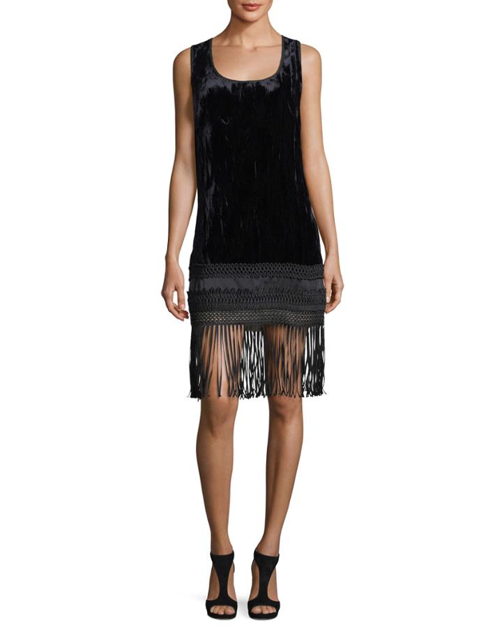 Sleeveless Velvet Fringe-trim Dress