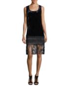 Sleeveless Velvet Fringe-trim Dress