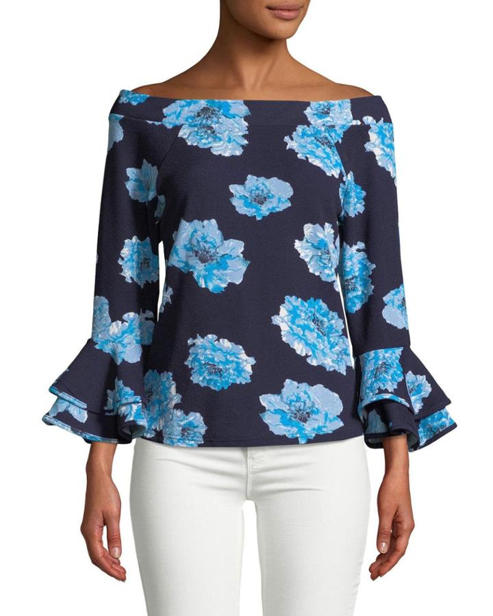 Off-the-shoulder Double Flare Sleeve Blouse, Blue