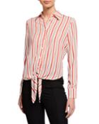 Striped Long-sleeve Tie-front Blouse