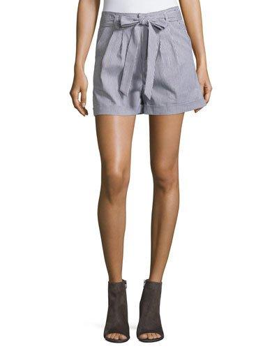 Striped Waist-tie Shorts, Blue/white