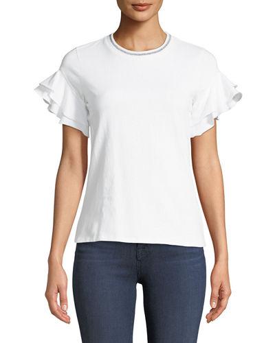 Metallic-neck Ruffle-sleeve Tee