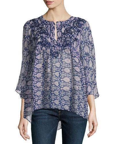 Barosa Printed Silk Blouse, Indigo/purple