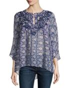 Barosa Printed Silk Blouse, Indigo/purple