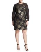 Sheer-sleeve Brocade-mesh Dress, Black/gold,