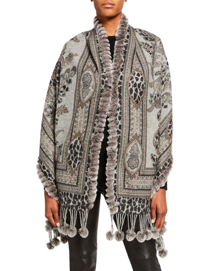 Printed Wool Stole With Rex Rabbit Fur
